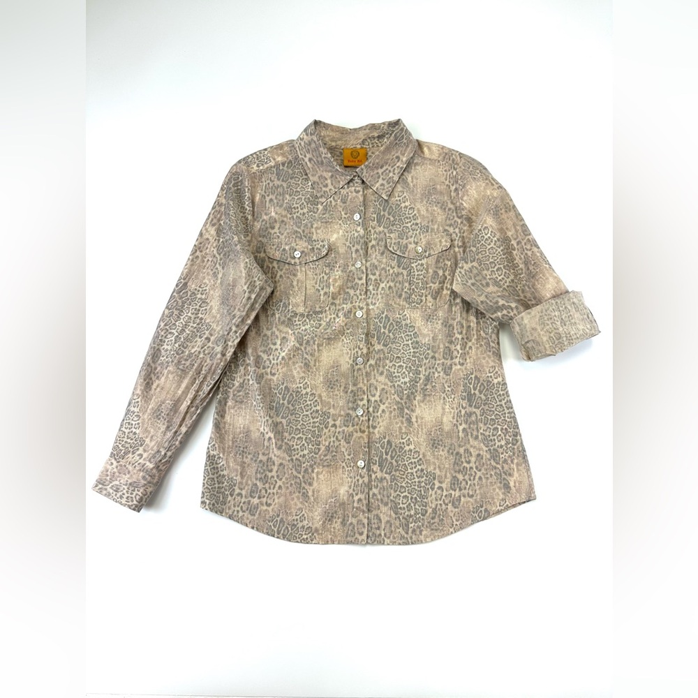Ruby Road gold cheetah blouse Small roll tab sleeve metallic Animal print